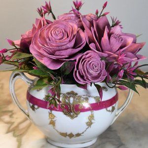 Elegant Mikado vintage sugar bowl - bursting with rose gold Sola wood flowers